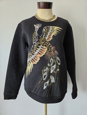 Escada Sport Black Sweater with Embroidered Gold & Metallic Bird. Size M